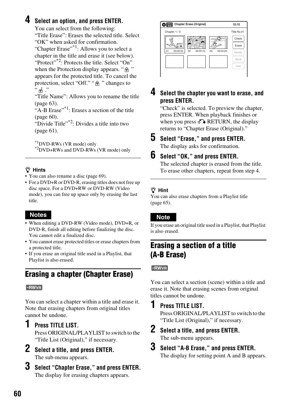 Erasing a chapter (chapter erase) | Sony RDR-VX410 User Manual | Page 60 / 128