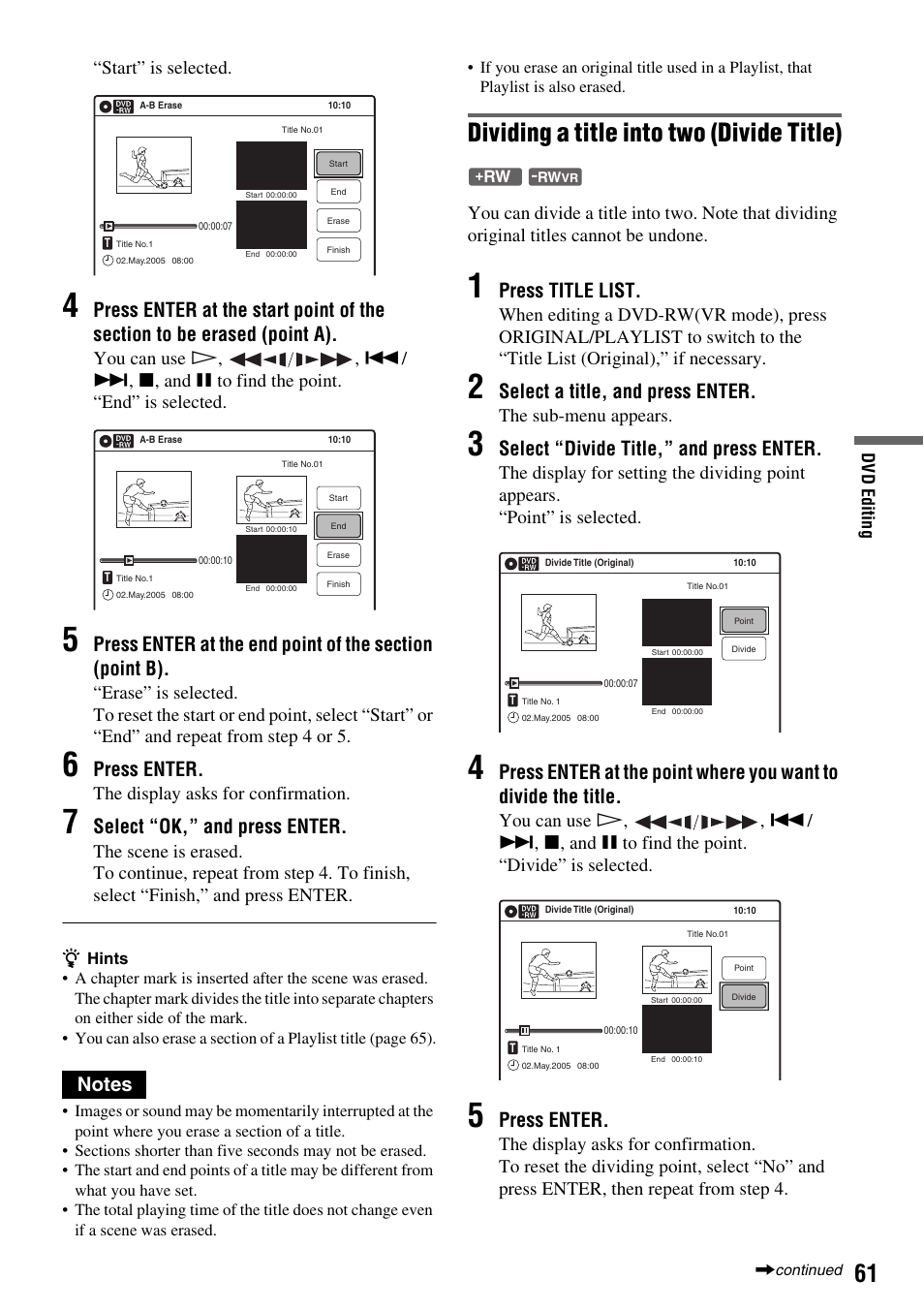 Dividing a title into two (divide title), Press enter, Select “ok,” and press enter | Press title list, Select a title, and press enter, Select “divide title,” and press enter, Start” is selected, The display asks for confirmation, The sub-menu appears | Sony RDR-VX410 User Manual | Page 61 / 128