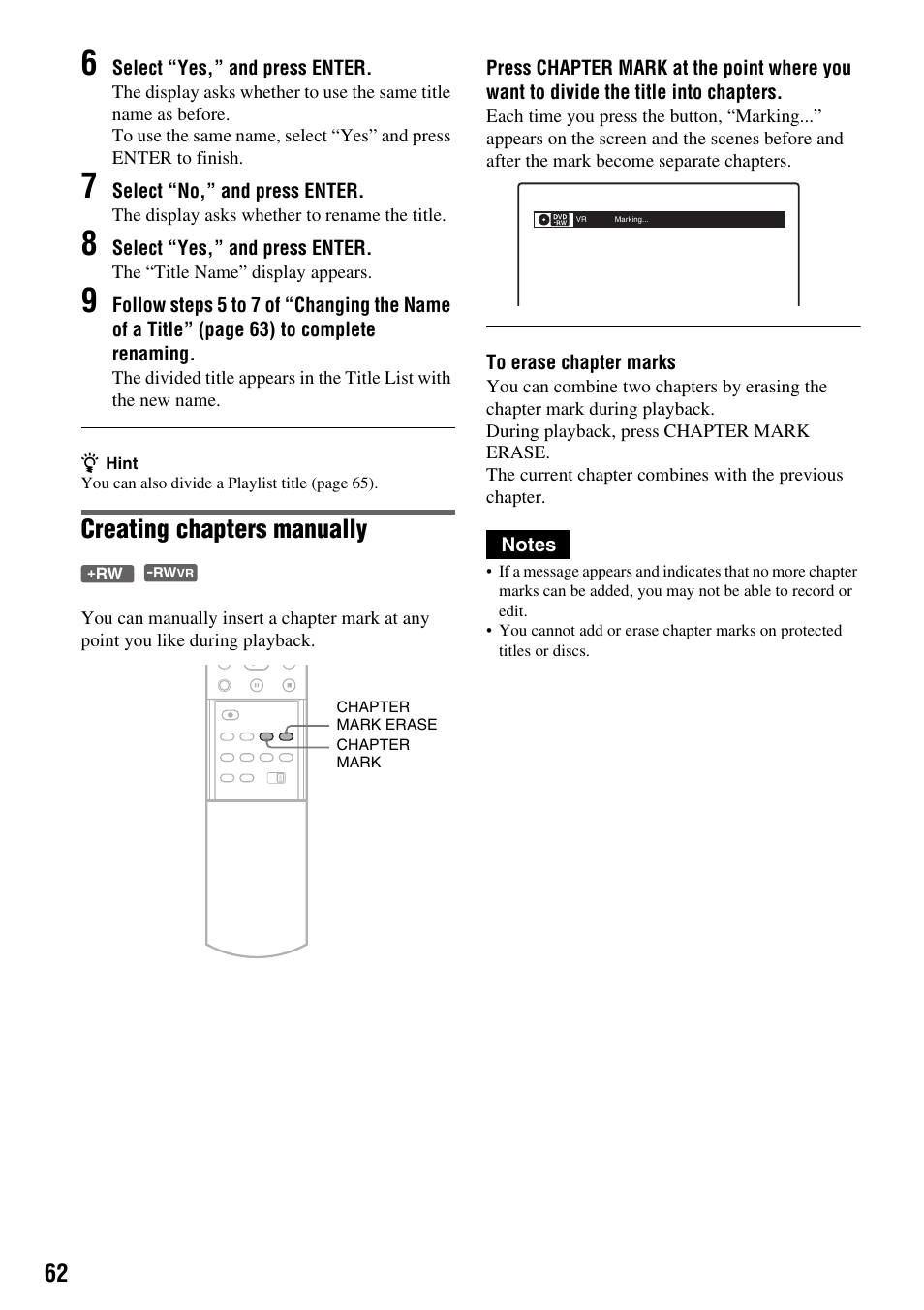 Creating chapters manually | Sony RDR-VX410 User Manual | Page 62 / 128