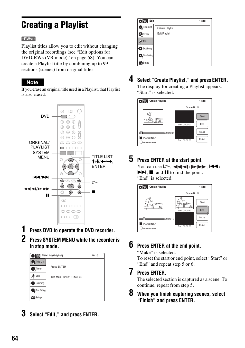 Creating a playlist, Press dvd to operate the dvd recorder, Select “edit,” and press enter | Select “create playlist,” and press enter, Press enter at the start point, Press enter at the end point, Press enter | Sony RDR-VX410 User Manual | Page 64 / 128
