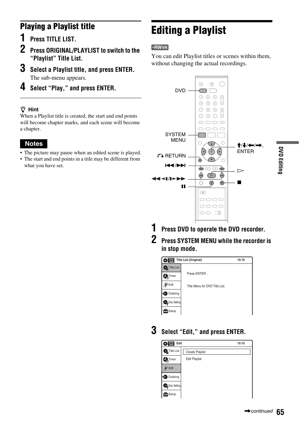 Editing a playlist, Playing a playlist title | Sony RDR-VX410 User Manual | Page 65 / 128