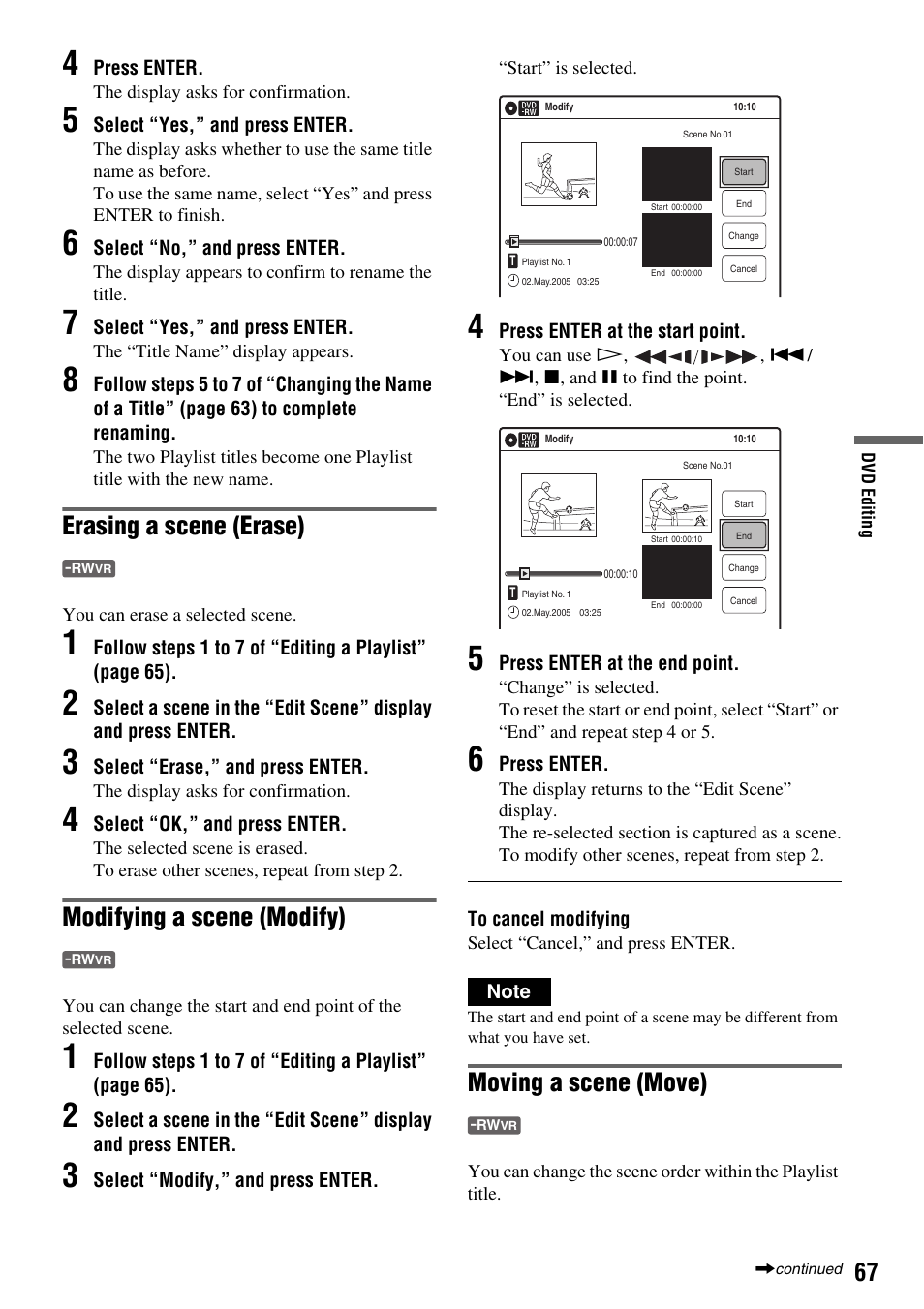 Erasing a scene (erase), Modifying a scene (modify), Moving a scene (move) | Sony RDR-VX410 User Manual | Page 67 / 128