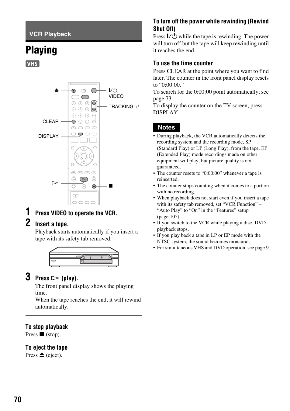 Vcr playback, Playing, Playing 1 | Sony RDR-VX410 User Manual | Page 70 / 128