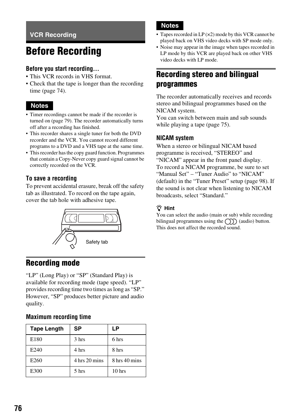 Vcr recording, Before recording, Recording mode | Recording stereo and bilingual programmes | Sony RDR-VX410 User Manual | Page 76 / 128
