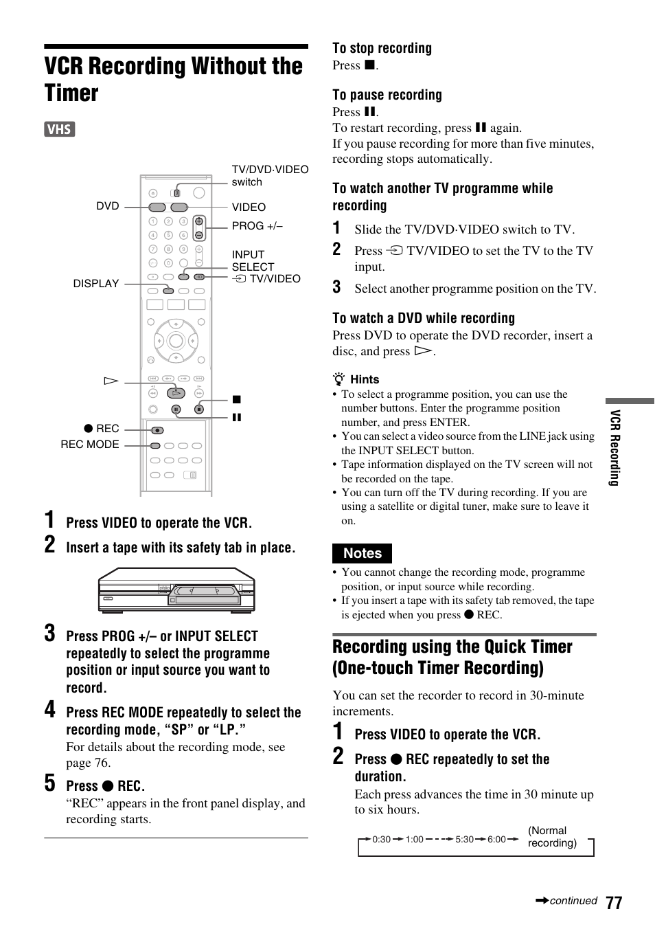 Vcr recording without the timer, Vcr recording without the timer 1 | Sony RDR-VX410 User Manual | Page 77 / 128