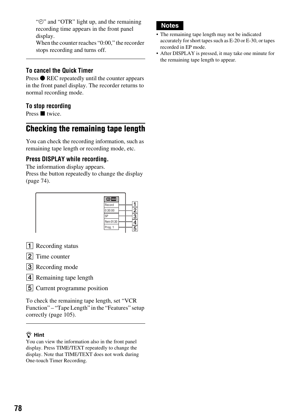 Checking the remaining tape length | Sony RDR-VX410 User Manual | Page 78 / 128