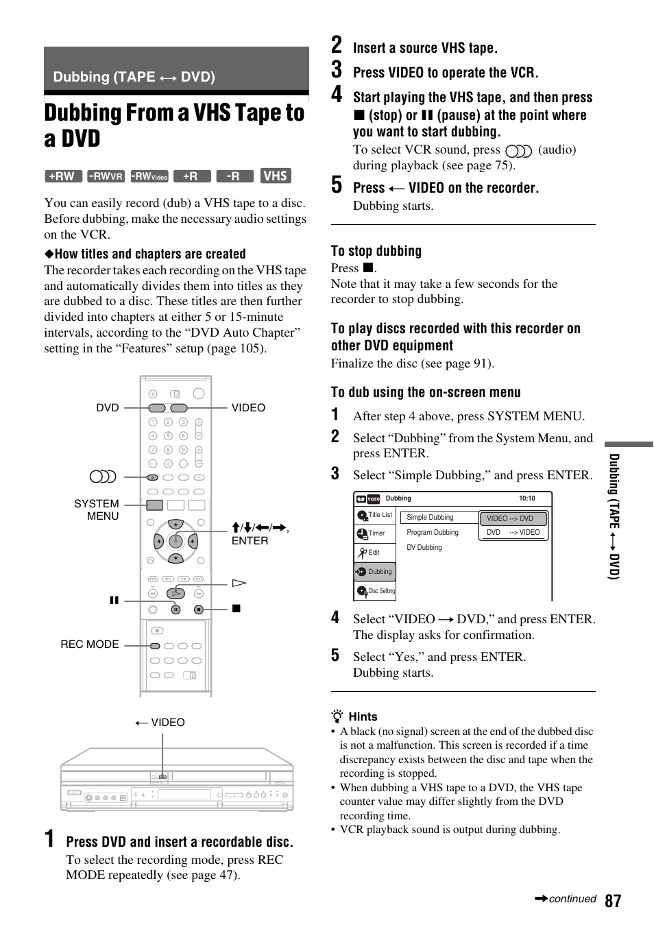 Dubbing (tape y dvd), Dubbing from a vhs tape to a dvd, Dubbing (tape | Sony RDR-VX410 User Manual | Page 87 / 128