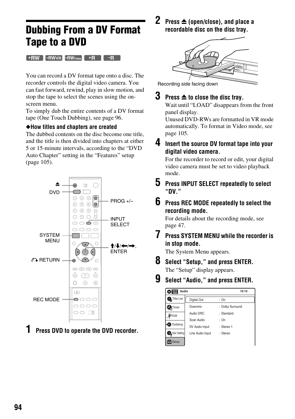 Dubbing from a dv format tape to a dvd | Sony RDR-VX410 User Manual | Page 94 / 128