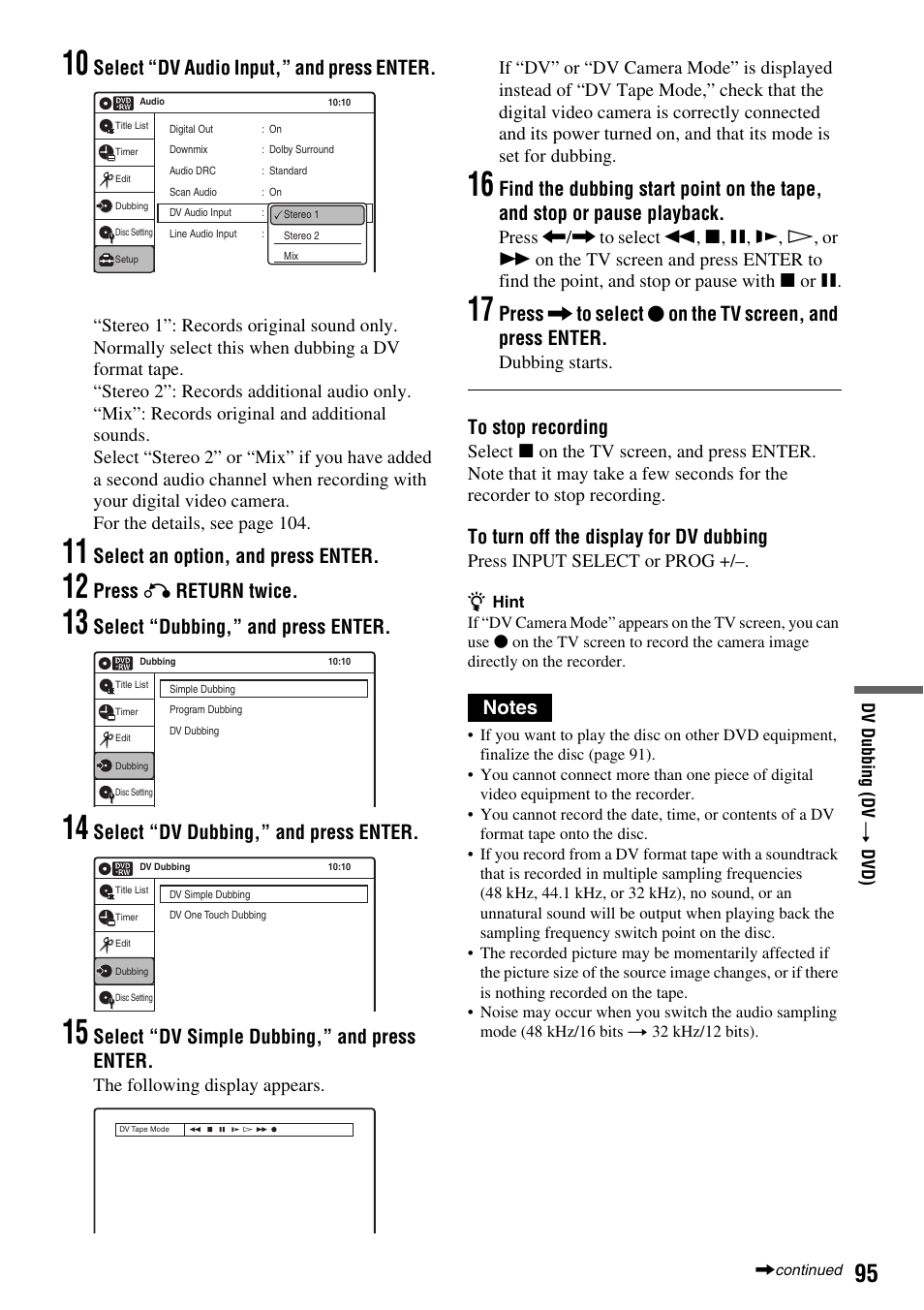 Select “dv audio input,” and press enter, Select an option, and press enter, Press o return twice | Select “dubbing,” and press enter, Select “dv dubbing,” and press enter, Select “dv simple dubbing,” and press enter | Sony RDR-VX410 User Manual | Page 95 / 128