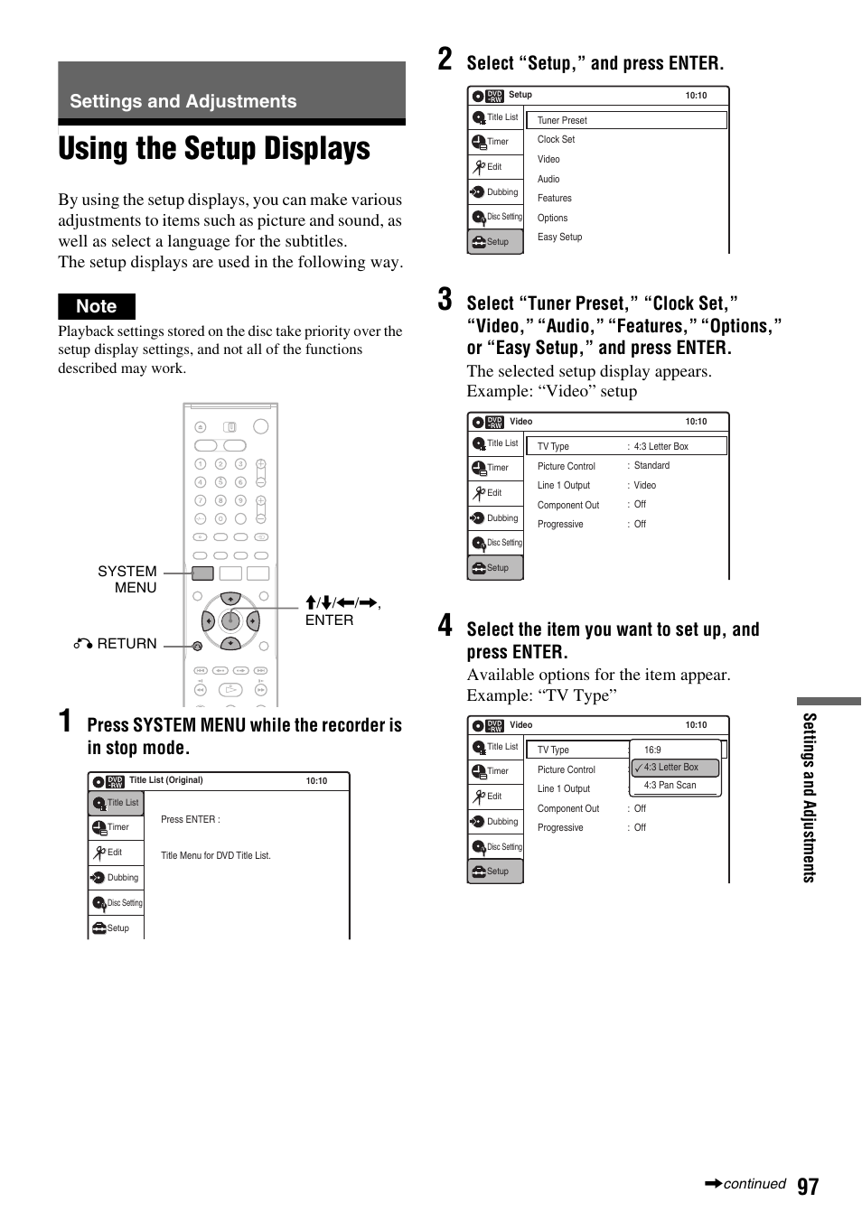 Settings and adjustments, Using the setup displays, Select “setup,” and press enter | Se ttings an d adjustme nts | Sony RDR-VX410 User Manual | Page 97 / 128