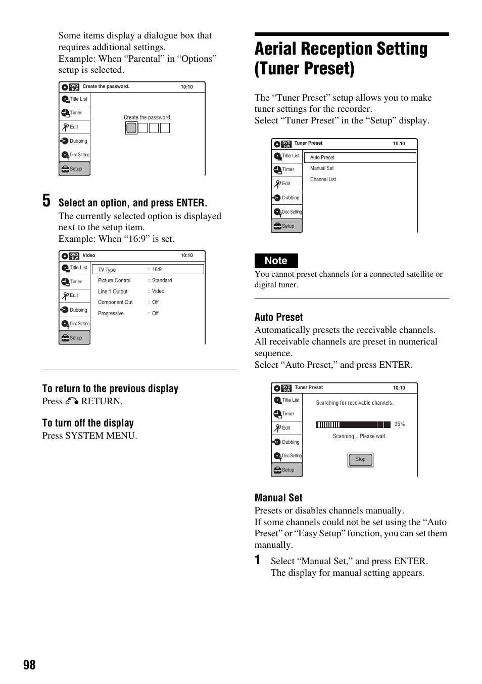 Aerial reception setting (tuner preset), Select an option, and press enter, Auto preset | Manual set, Press o return, Press system menu | Sony RDR-VX410 User Manual | Page 98 / 128