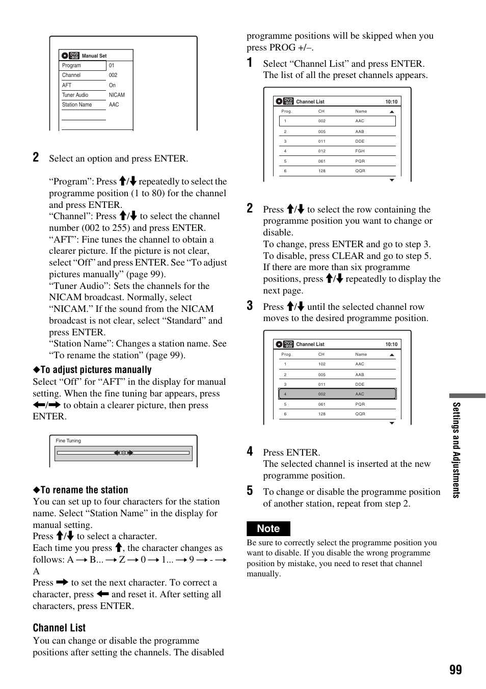 Channel list, Se ttings an d adjustme nts | Sony RDR-VX410 User Manual | Page 99 / 128