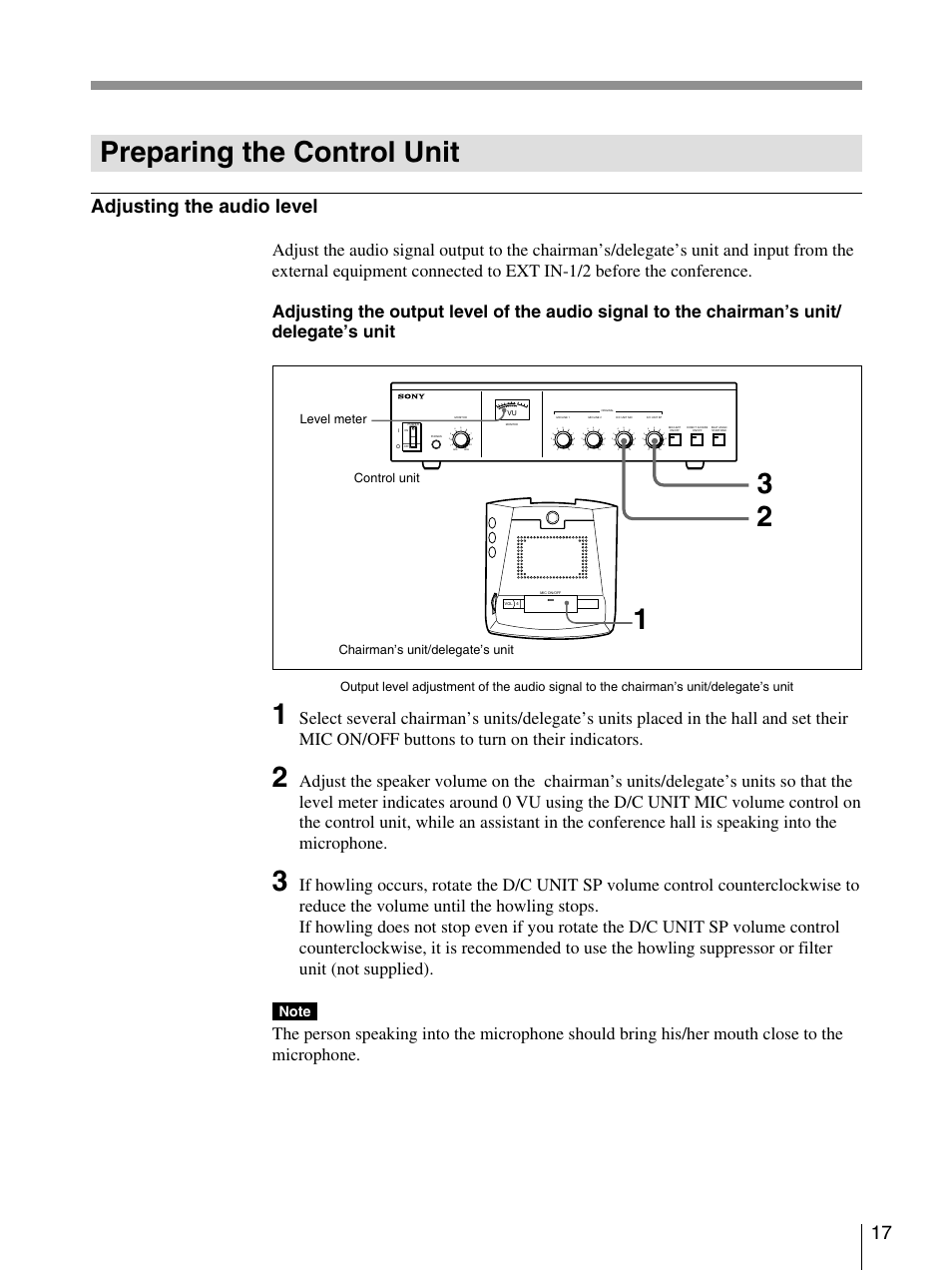 Preparing the control unit, Adjusting the audio level, Control unit chairman’s unit/delegate’s unit | Level meter | Sony SX-M100 User Manual | Page 17 / 24