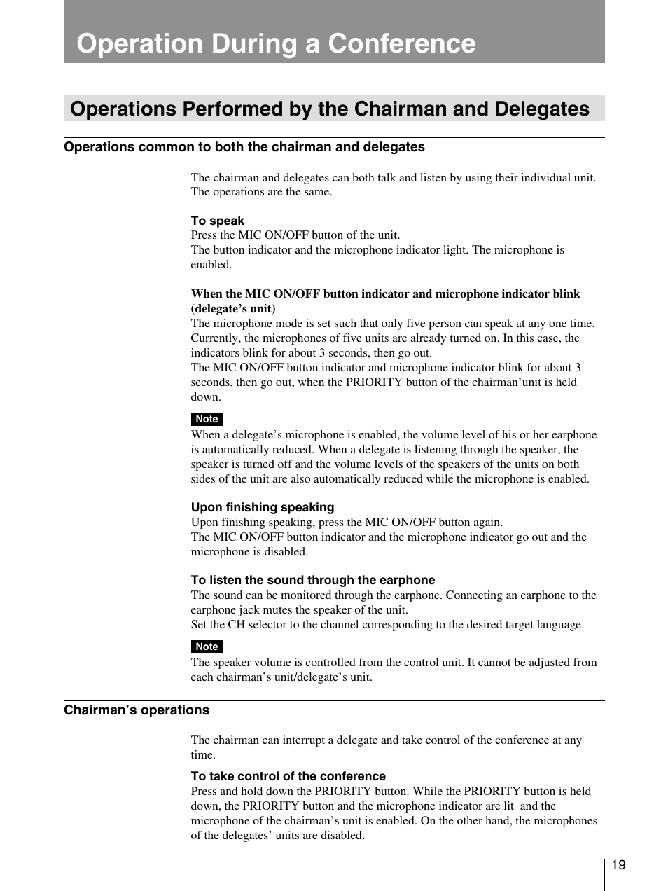 Operation during a conference, Operations performed by the chairman and delegates | Sony SX-M100 User Manual | Page 19 / 24