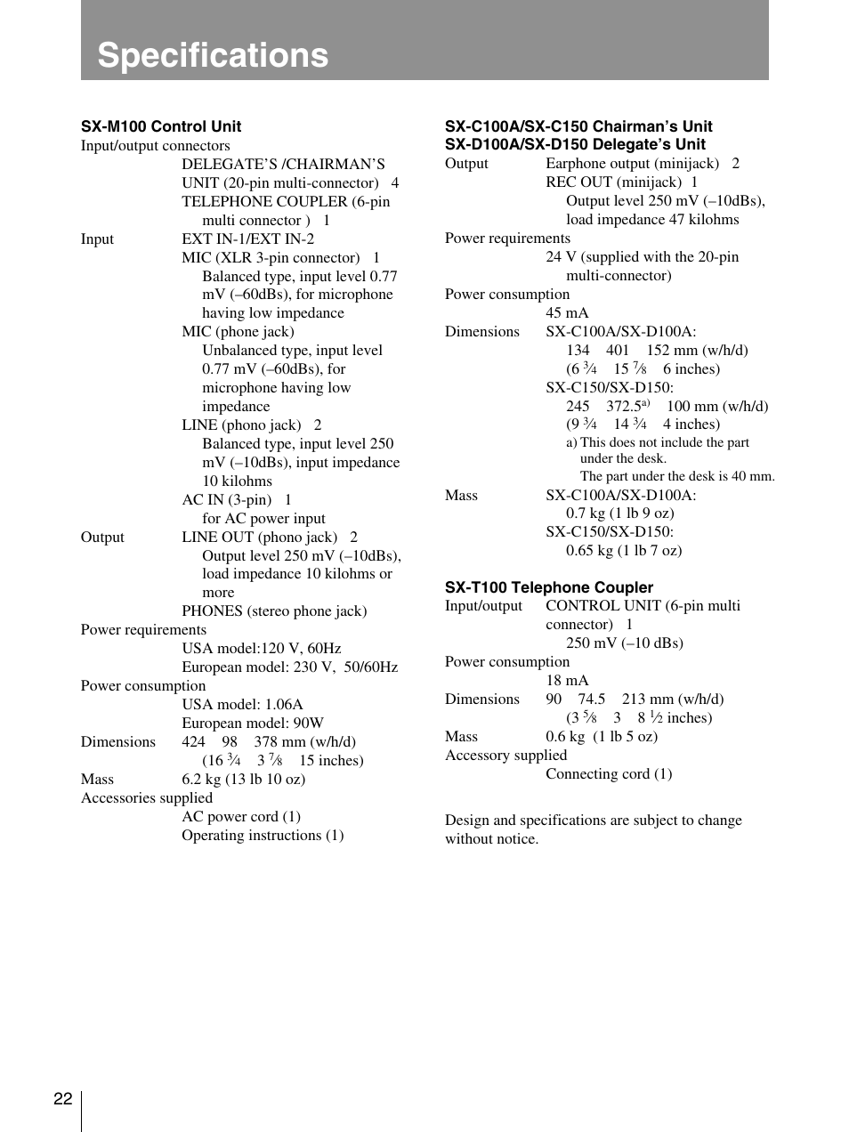 Specifications | Sony SX-M100 User Manual | Page 22 / 24