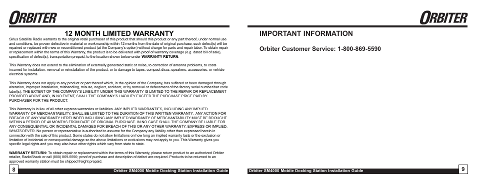 Important information, 12 month limited warranty | Sony ORBITER SM4000 User Manual | Page 5 / 6