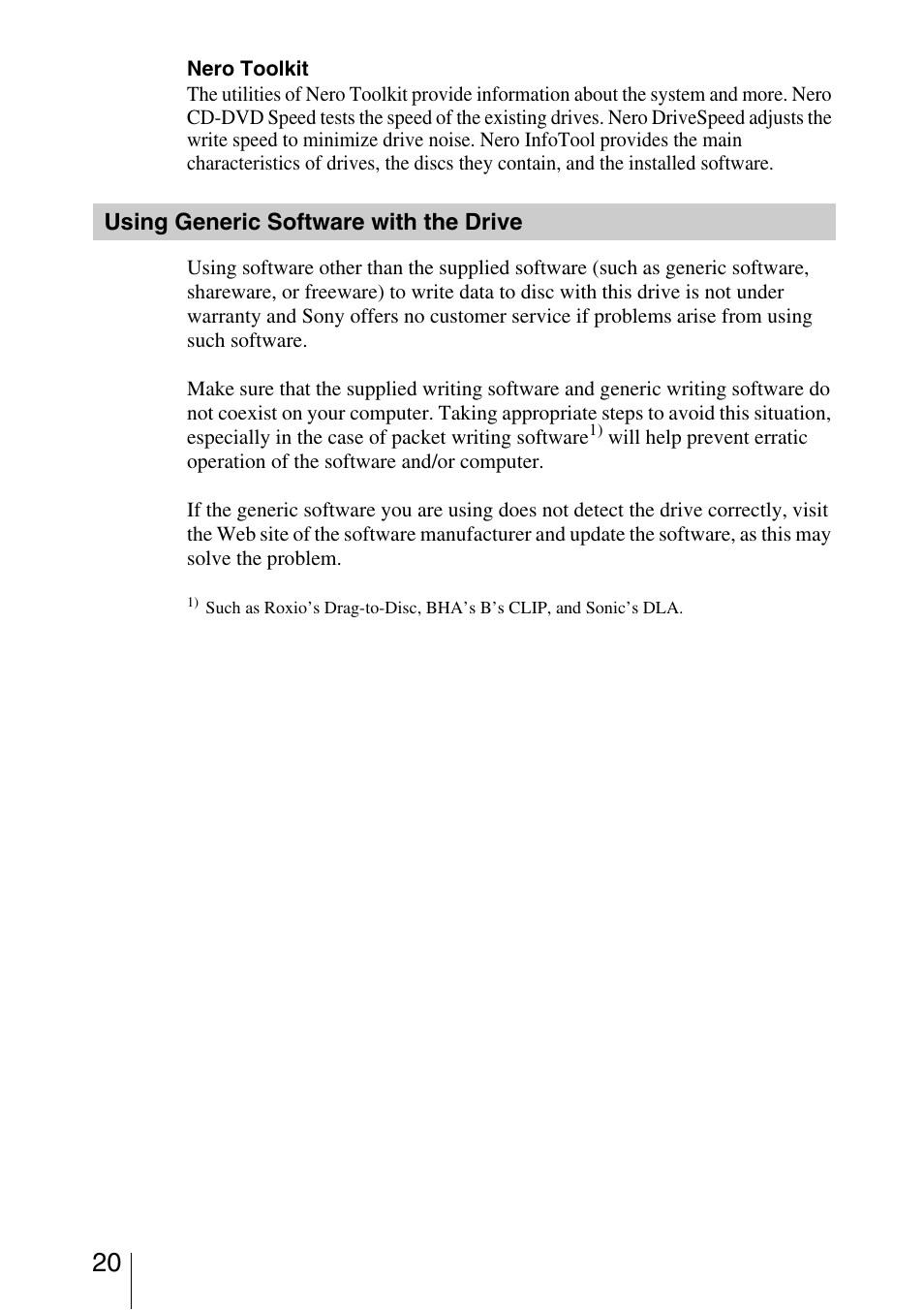 Using generic software with the drive | Sony 7819901050 User Manual | Page 20 / 36