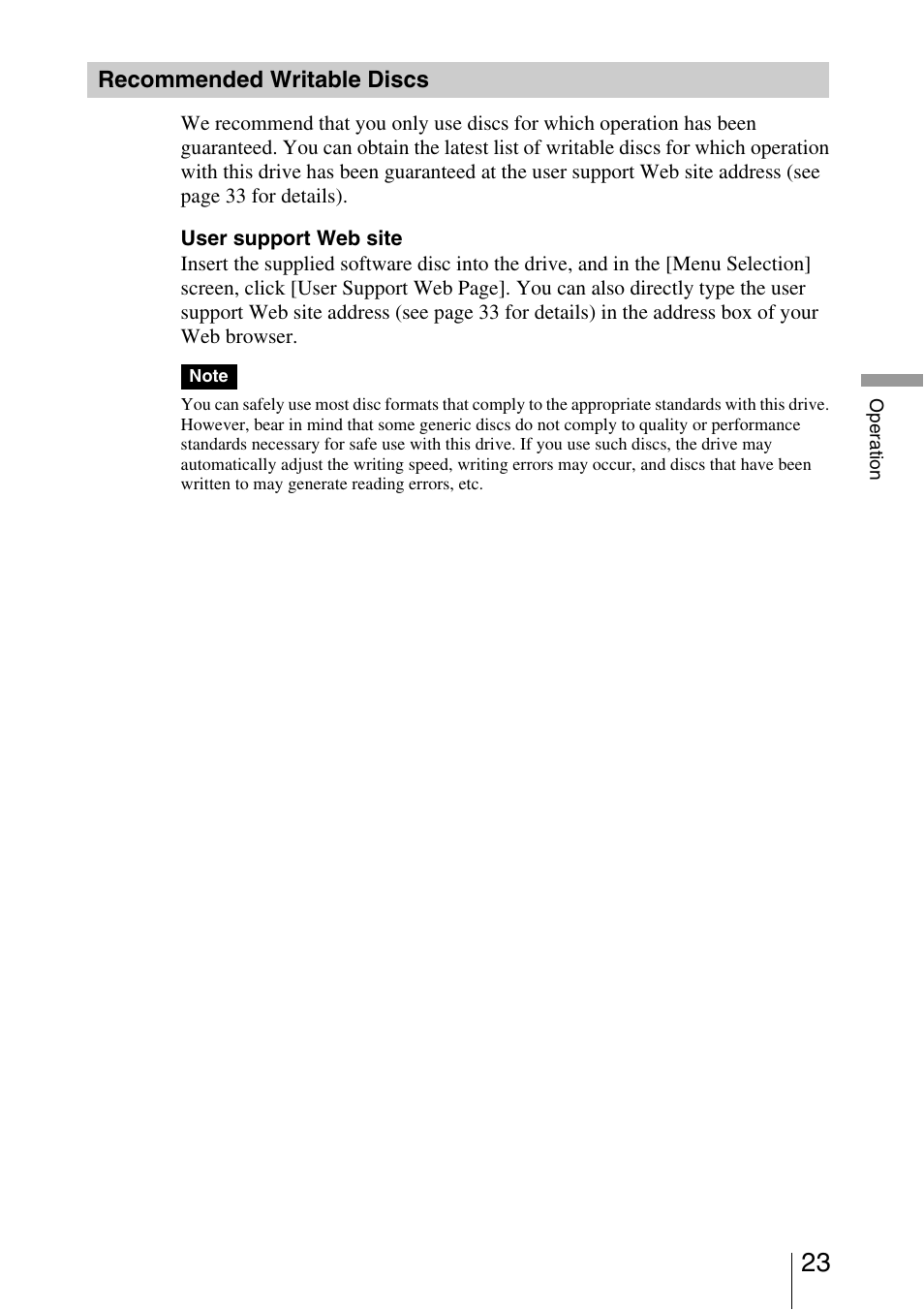 Recommended writable discs | Sony 7819901050 User Manual | Page 23 / 36