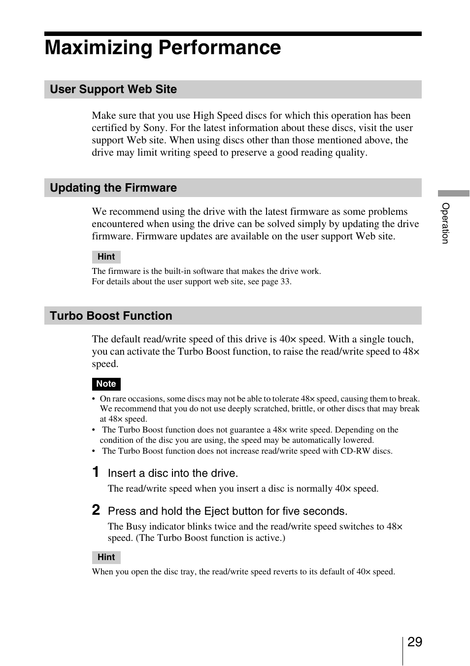 Maximizing performance, User support web site, Updating the firmware | Turbo boost function | Sony 7819901050 User Manual | Page 29 / 36