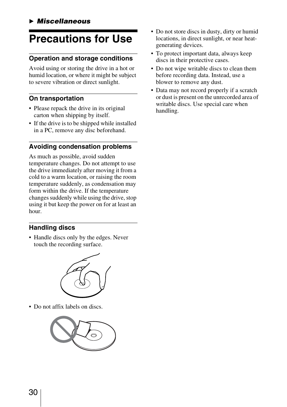 Miscellaneous, Precautions for use | Sony 7819901050 User Manual | Page 30 / 36