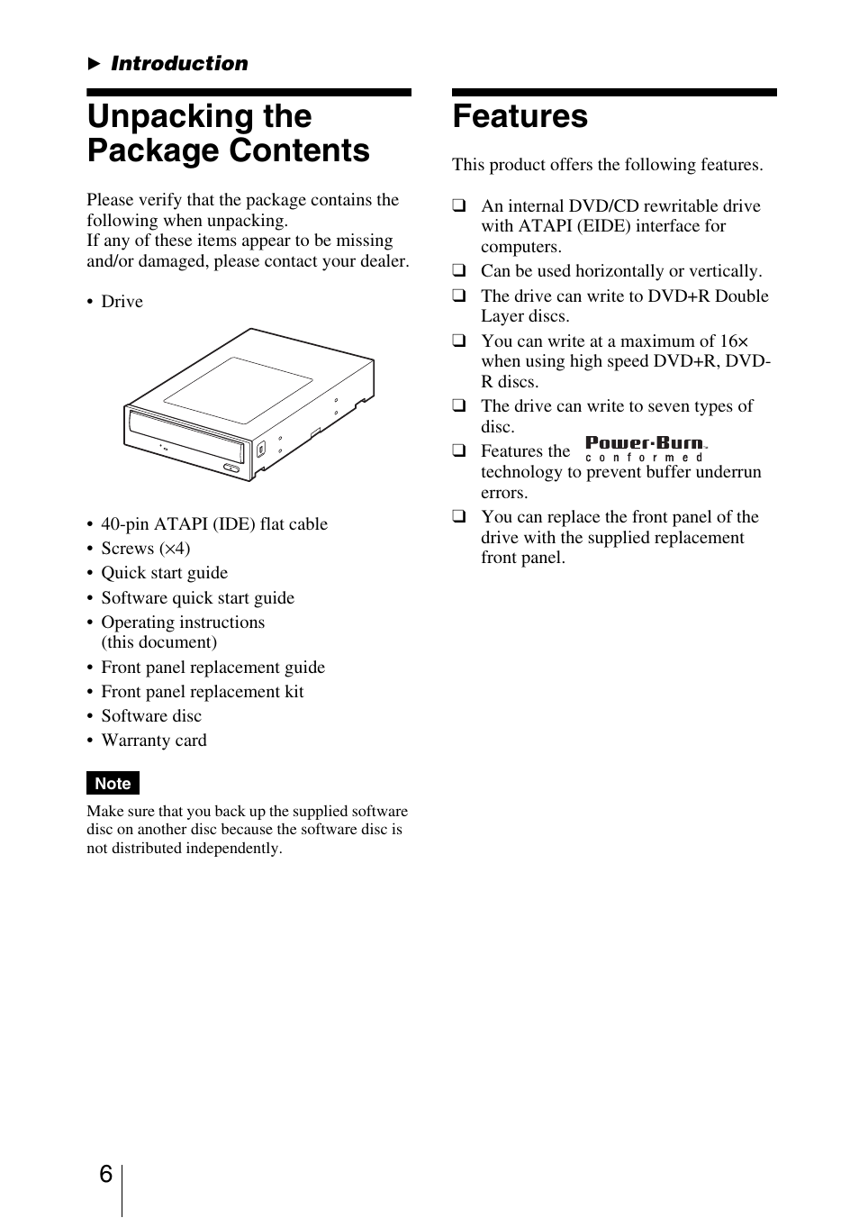 Introduction, Unpacking the package contents, Features | Sony 7819901050 User Manual | Page 6 / 36