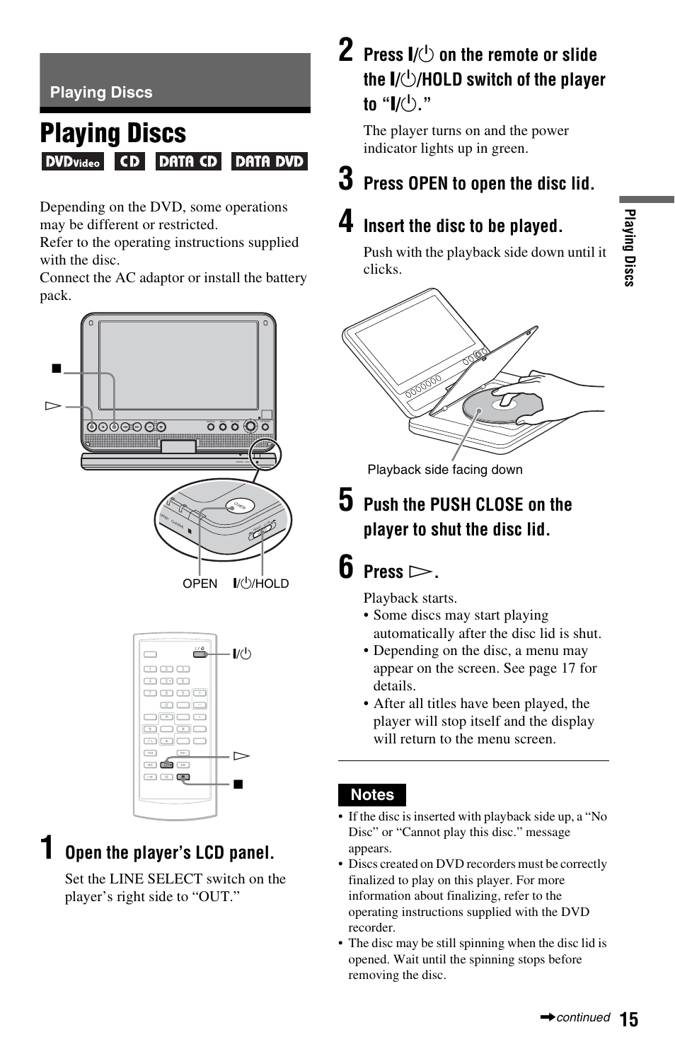 Playing discs, Open the player’s lcd panel, Press open to open the disc lid | Insert the disc to be played, Press h | Sony DVP-FX820 User Manual | Page 15 / 60