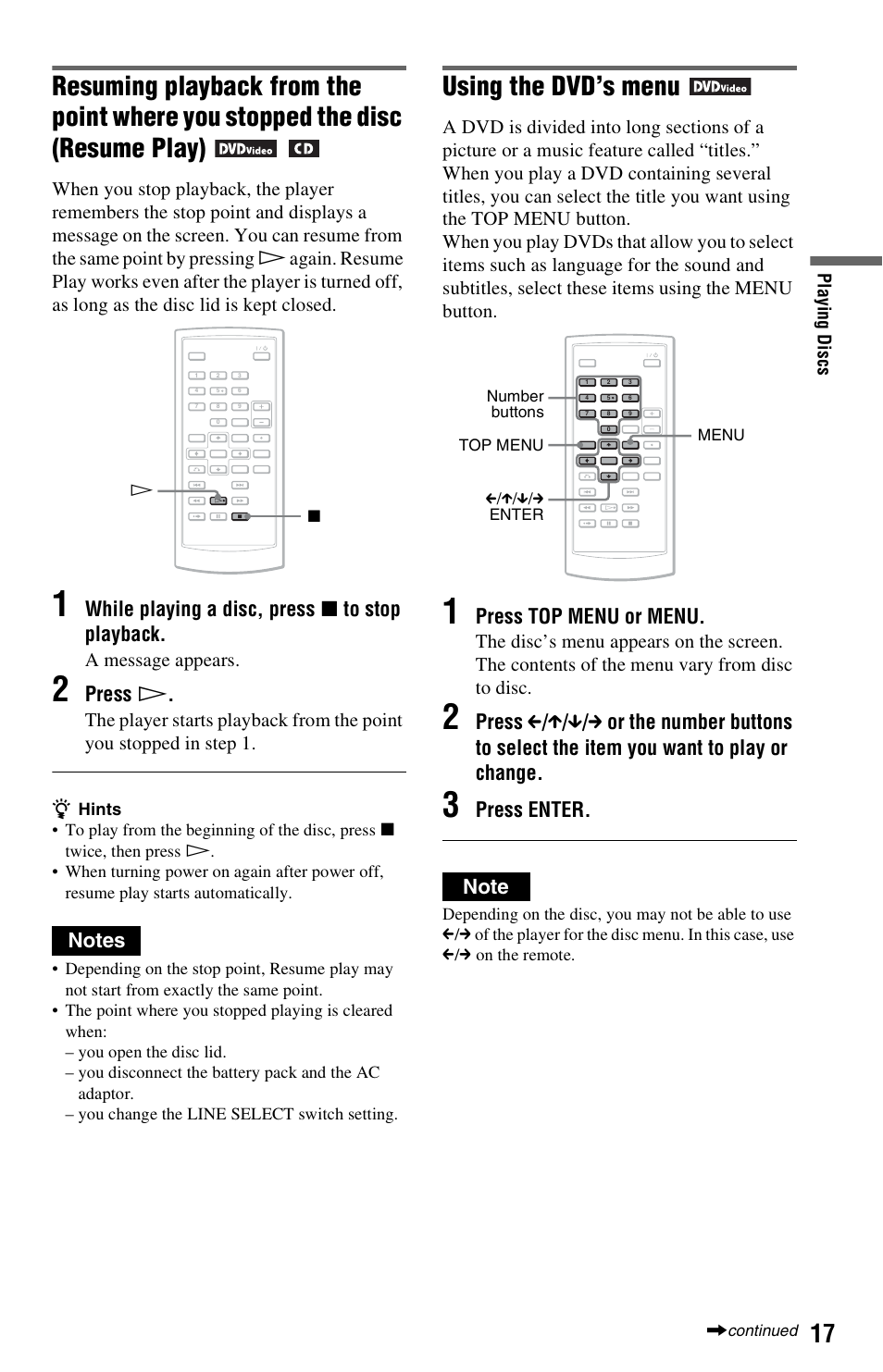 Using the dvd’s menu, While playing a disc, press x to stop playback, Press h | Press top menu or menu | Sony DVP-FX820 User Manual | Page 17 / 60