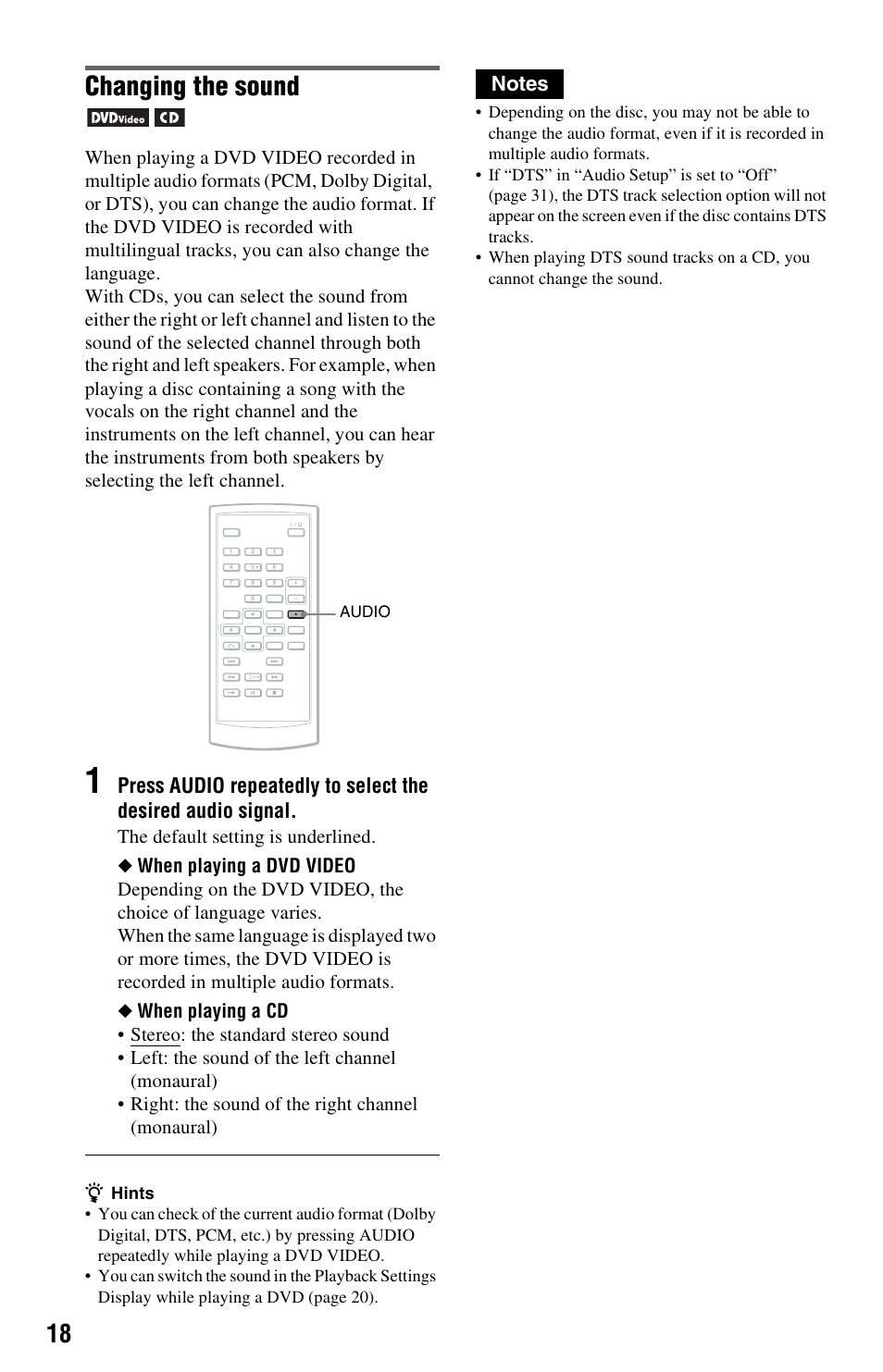 Changing the sound, Press | Sony DVP-FX820 User Manual | Page 18 / 60