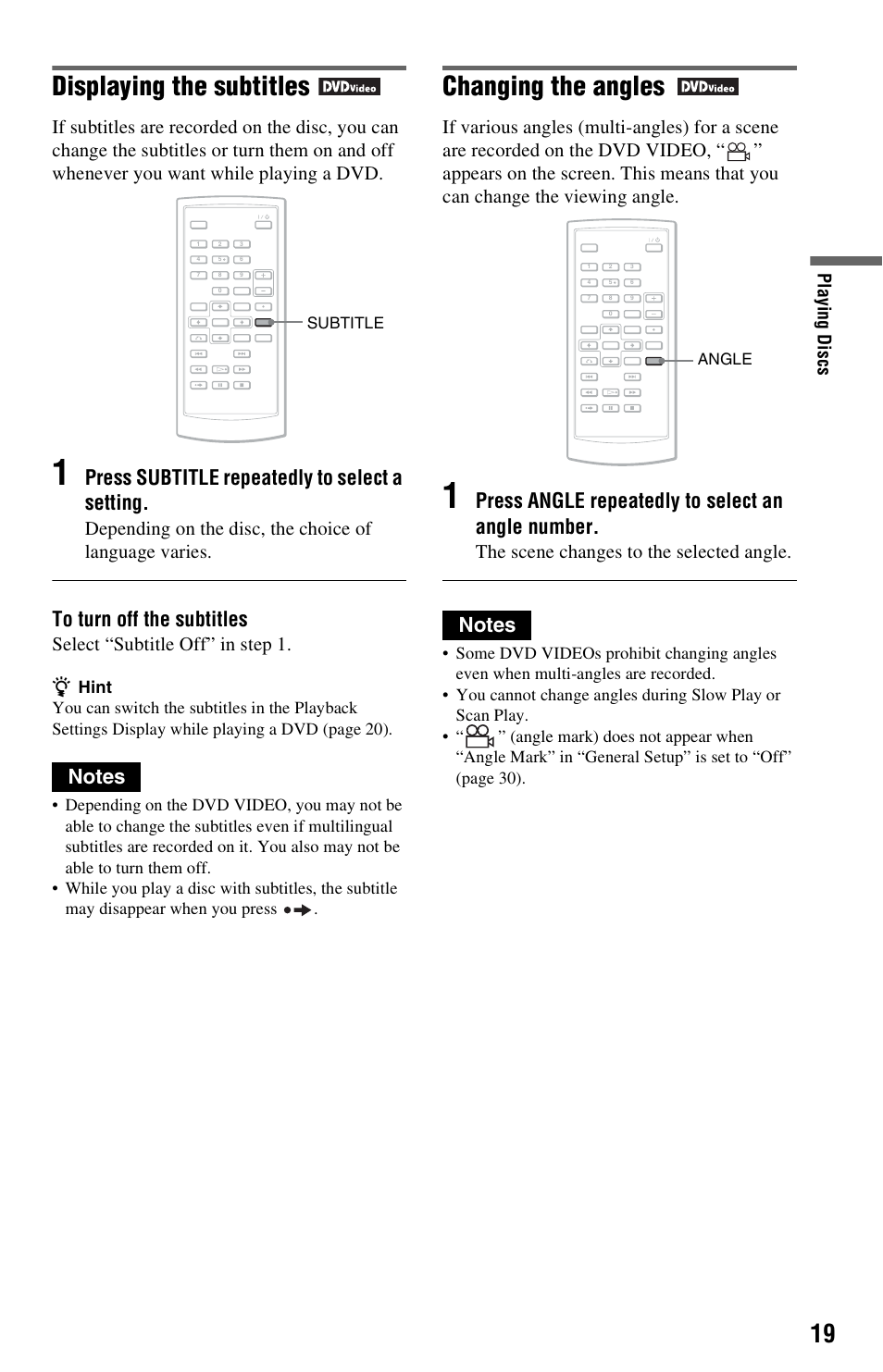 Displaying the subtitles, Changing the angles, Press subtitle repeatedly to select a setting | Press, Angle repeatedly to select an angle number, Select “subtitle off” in step 1, The scene changes to the selected angle | Sony DVP-FX820 User Manual | Page 19 / 60