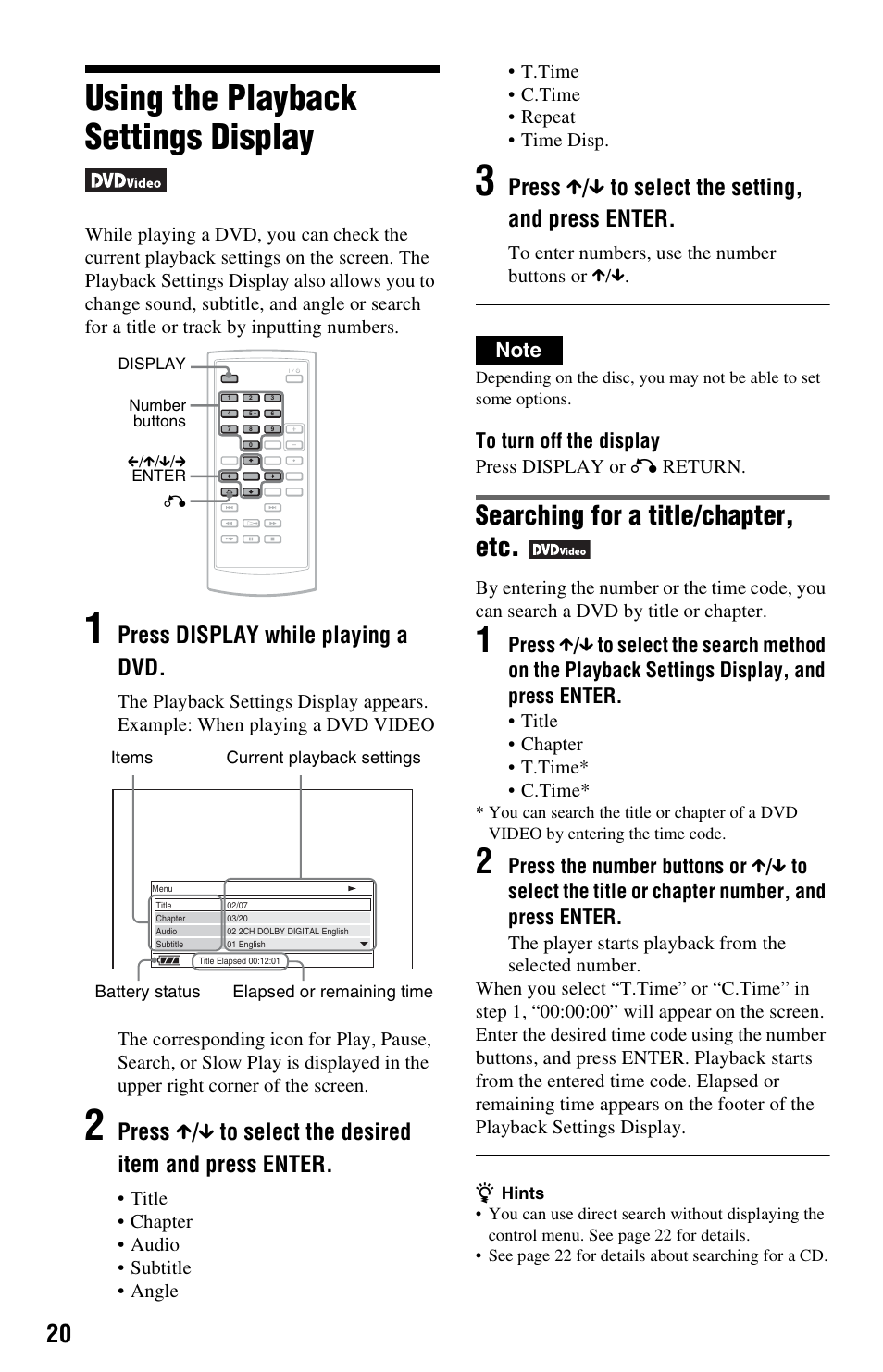 Using the playback settings display, Searching for a title/chapter, etc, Press display while playing a dvd | Press x / x to select the setting, and press enter | Sony DVP-FX820 User Manual | Page 20 / 60