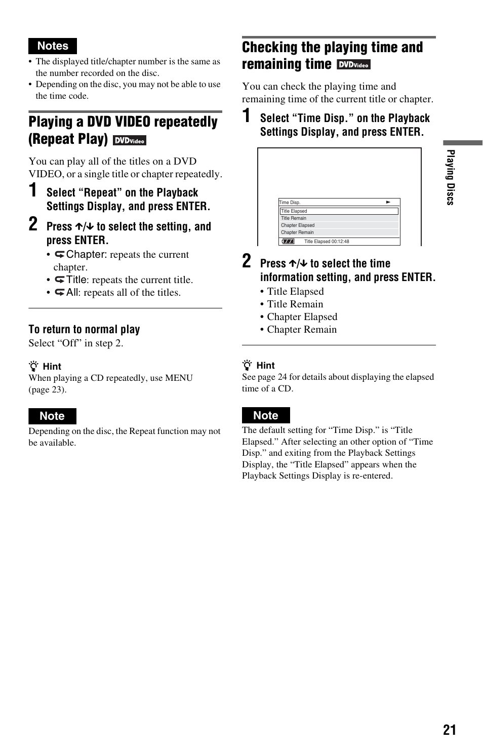 Playing a dvd video repeatedly (repeat play), Checking the playing time and remaining time | Sony DVP-FX820 User Manual | Page 21 / 60