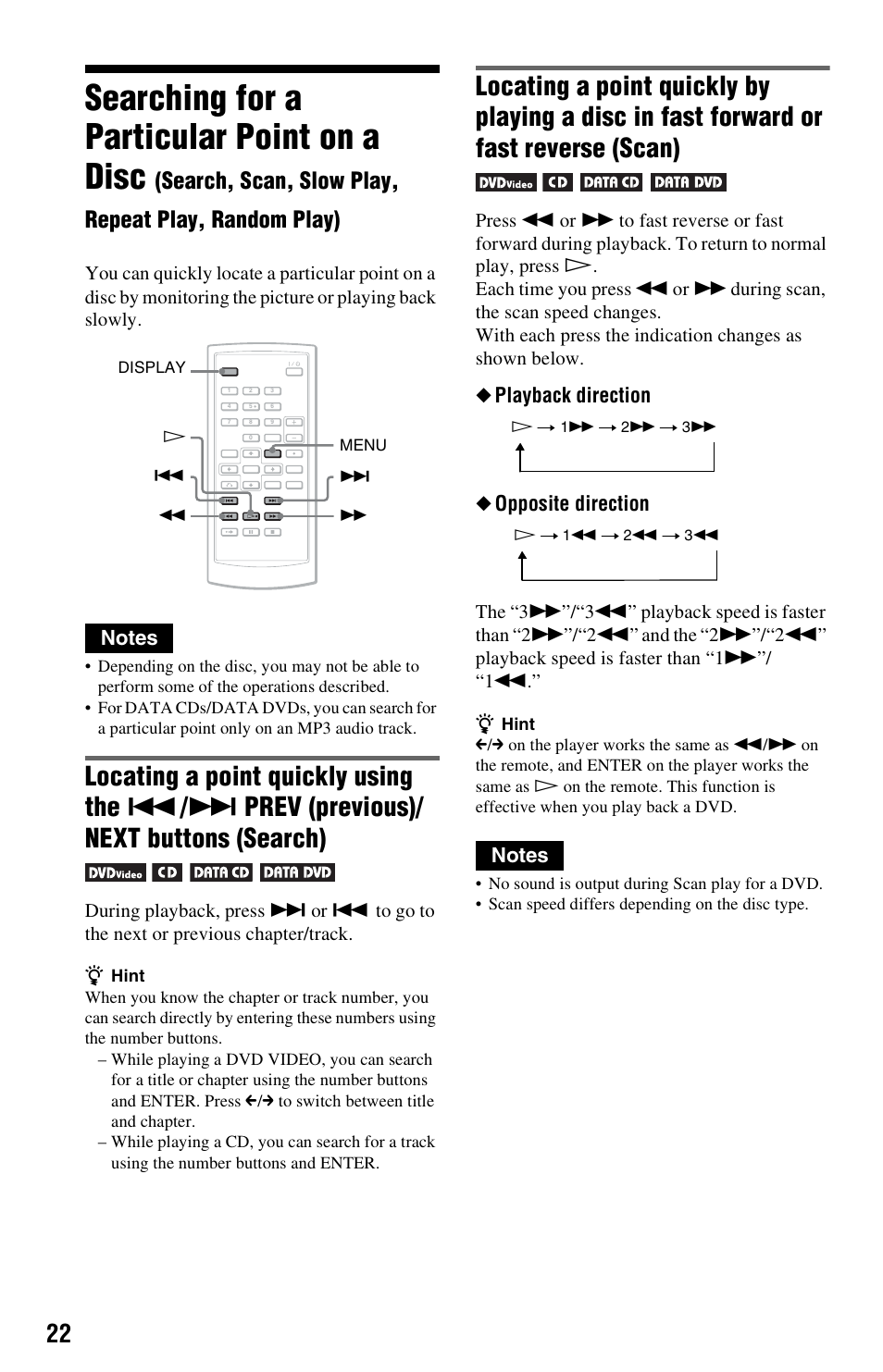 Play, random play), Searching for a particular point on a disc, Search, scan, slow play, repeat play, random play) | Playback direction ◆ opposite direction | Sony DVP-FX820 User Manual | Page 22 / 60