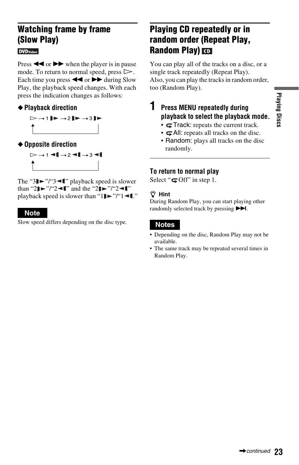 Watching frame by frame (slow play) | Sony DVP-FX820 User Manual | Page 23 / 60
