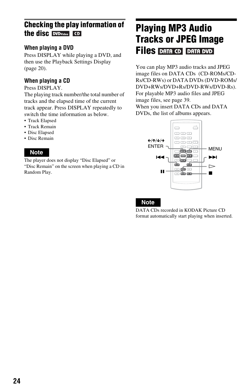 Playing mp3 audio tracks or jpeg image files, Checking the play information of the disc, When playing a dvd | When playing a cd | Sony DVP-FX820 User Manual | Page 24 / 60