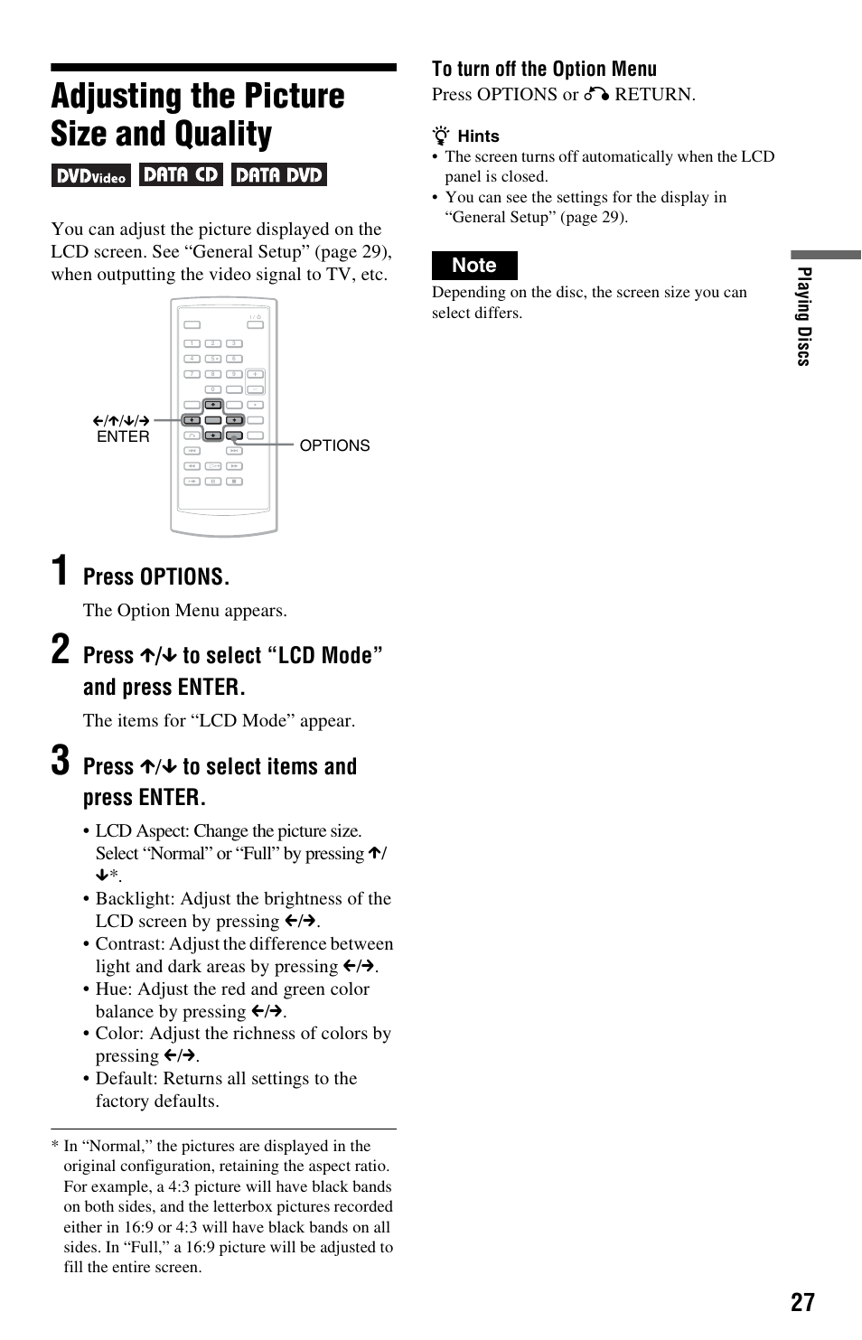 Adjusting the picture size and quality, Press options, Press x / x to select “lcd mode” and press enter | Press x/x to select items and press enter | Sony DVP-FX820 User Manual | Page 27 / 60