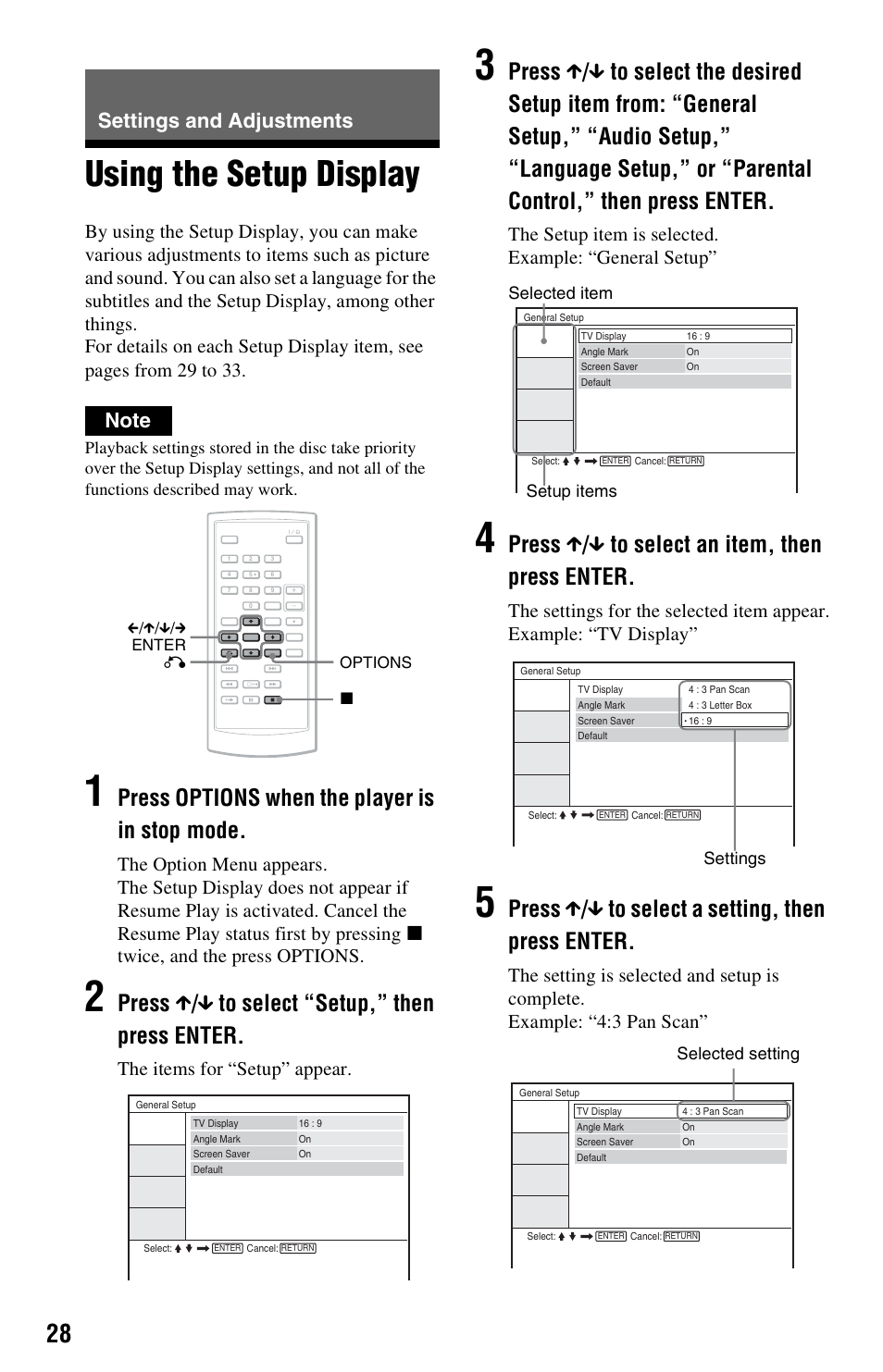 Settings and adjustments, Using the setup display, Press options when the player is in stop mode | Press x / x to select “setup,” then press enter, Press x / x to select an item, then press enter, Press x / x to select a setting, then press enter, The items for “setup” appear | Sony DVP-FX820 User Manual | Page 28 / 60