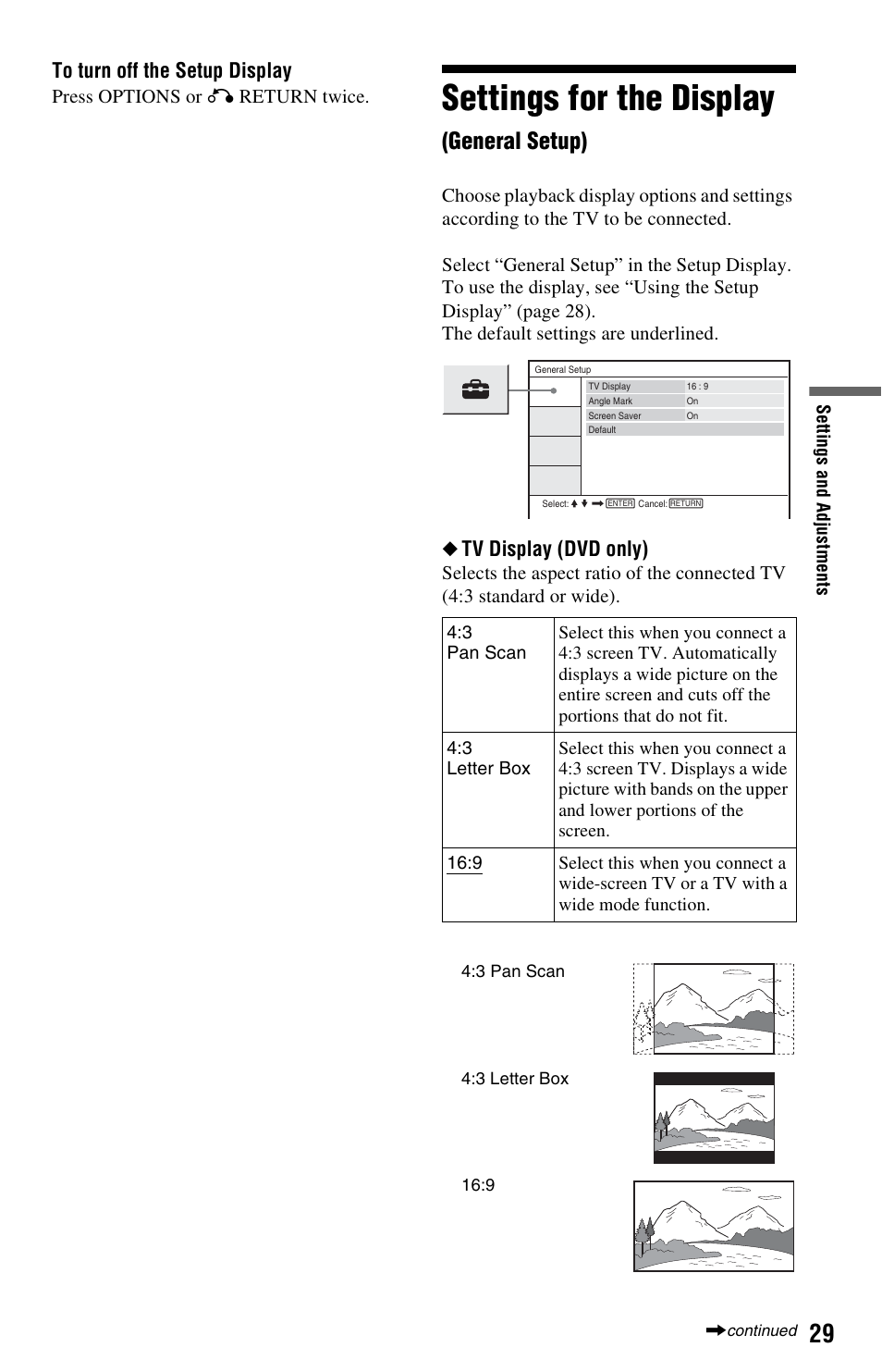 Settings for the display (general setup), Settings for the display, General setup) | Tv display (dvd only) | Sony DVP-FX820 User Manual | Page 29 / 60