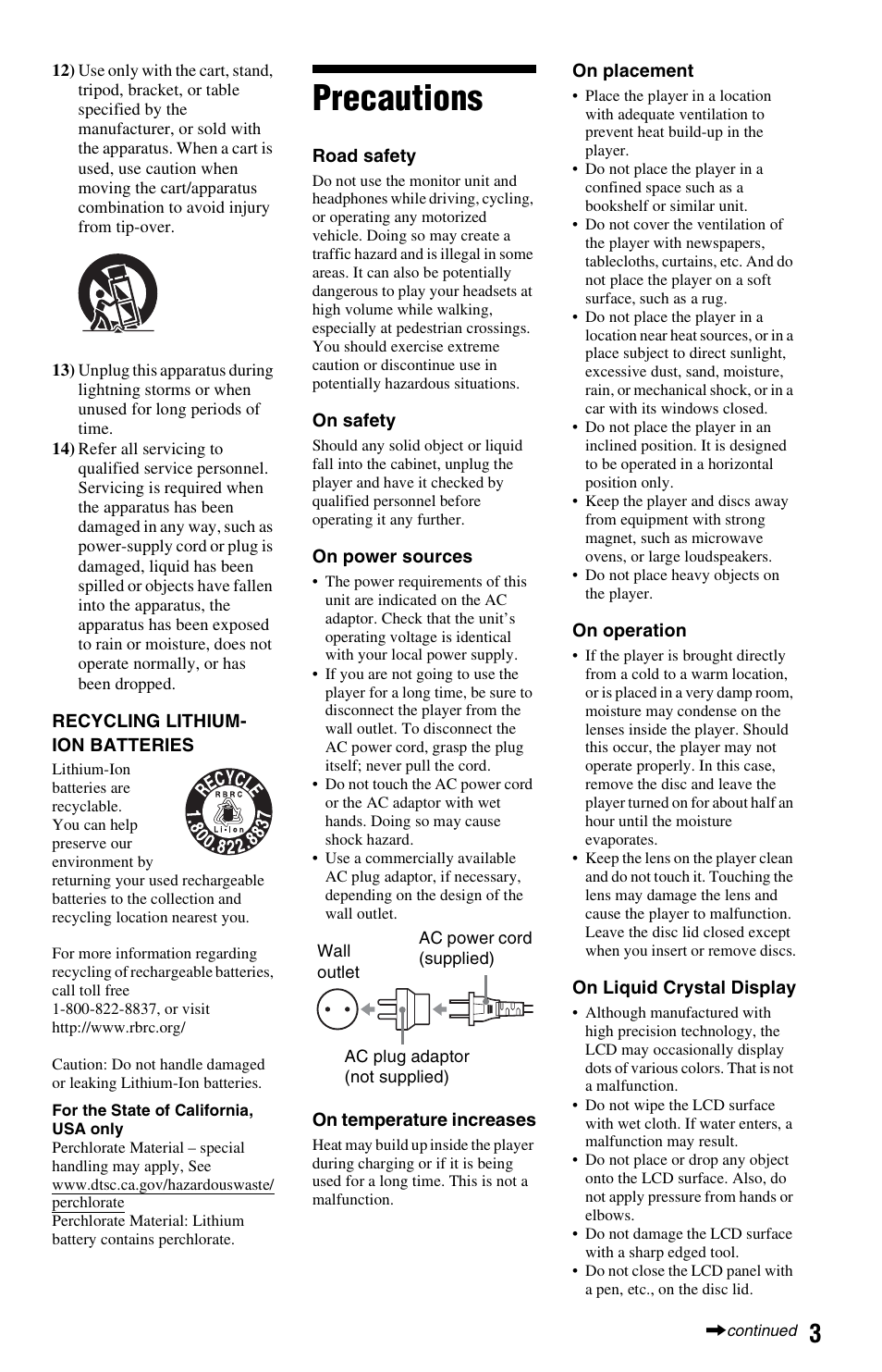 Precautions | Sony DVP-FX820 User Manual | Page 3 / 60