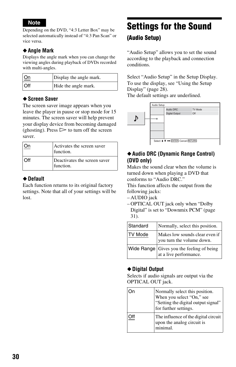 Settings for the sound (audio setup), Settings for the sound, Audio setup) | Angle mark, Screen saver, Default, Audio drc (dynamic range control) (dvd only), Digital output | Sony DVP-FX820 User Manual | Page 30 / 60