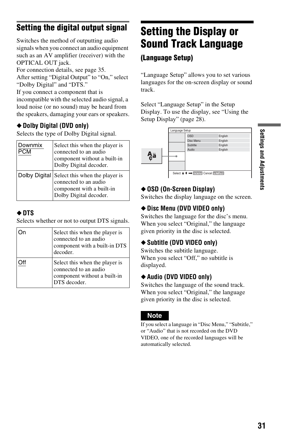 Setting the display or sound track language, Setting the digital output signal, Language setup) | Dolby digital (dvd only), Osd (on-screen display), Disc menu (dvd video only), Subtitle (dvd video only), Audio (dvd video only) | Sony DVP-FX820 User Manual | Page 31 / 60
