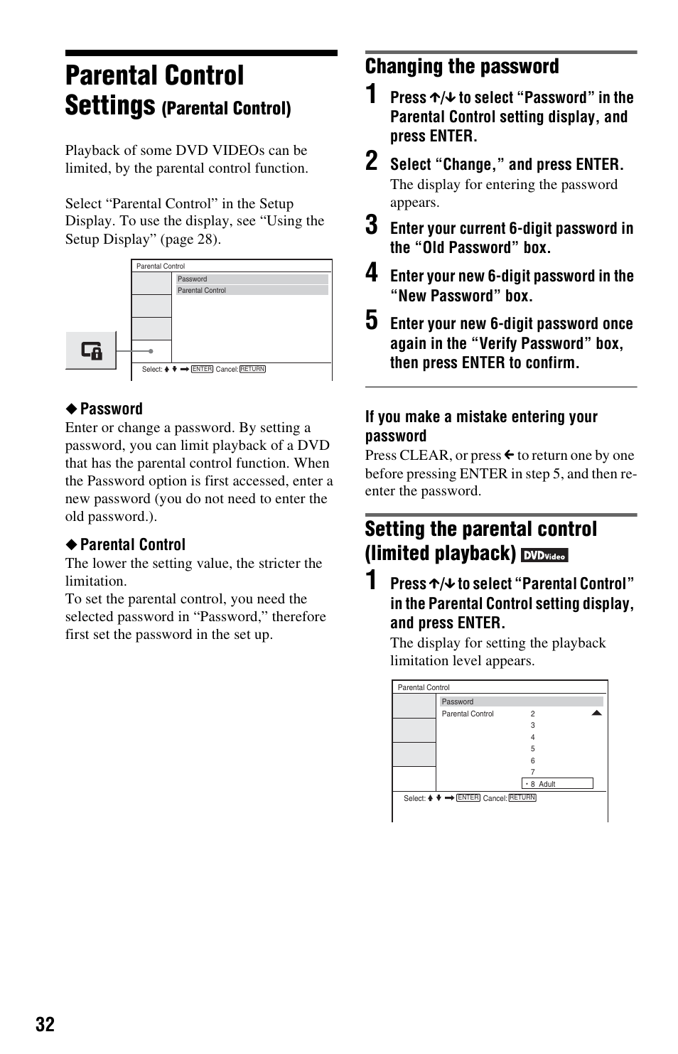 Parental control settings (parental control), Parental control settings, Changing the password | Setting the parental control (limited playback), Parental control) | Sony DVP-FX820 User Manual | Page 32 / 60