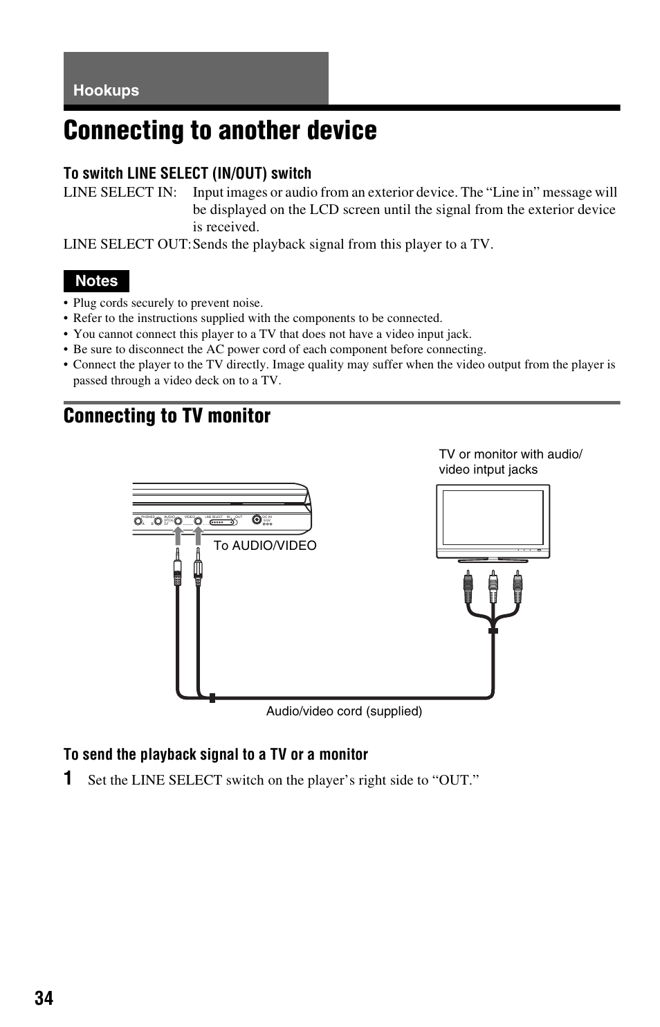 Hookups, Connecting to another device, Connecting to tv monitor | Sony DVP-FX820 User Manual | Page 34 / 60