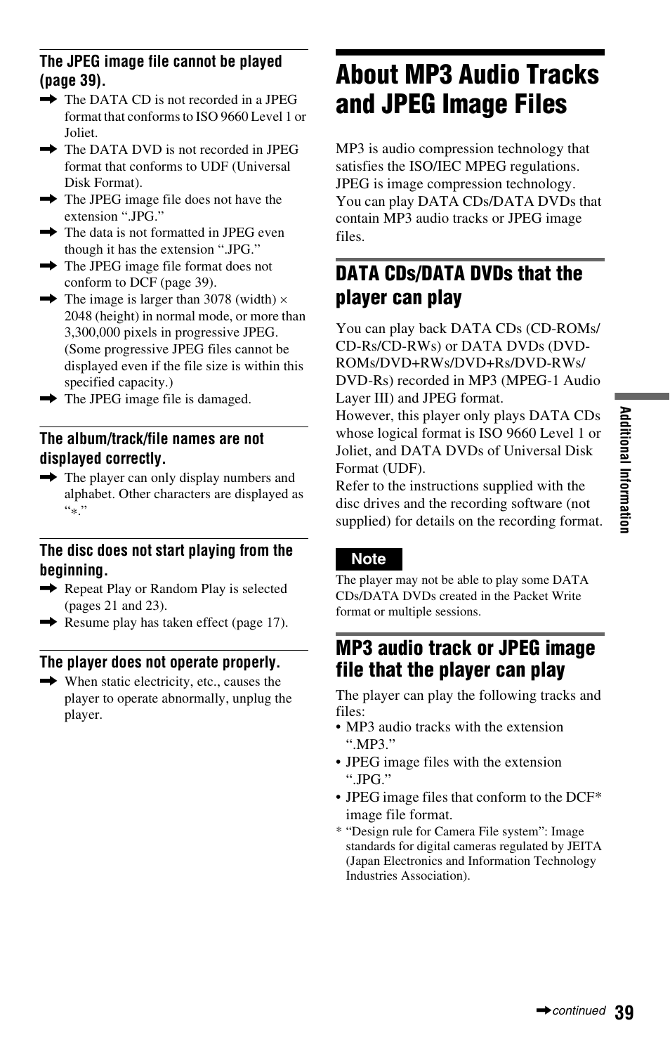 About mp3 audio tracks and jpeg image files, Data cds/data dvds that the player can play | Sony DVP-FX820 User Manual | Page 39 / 60