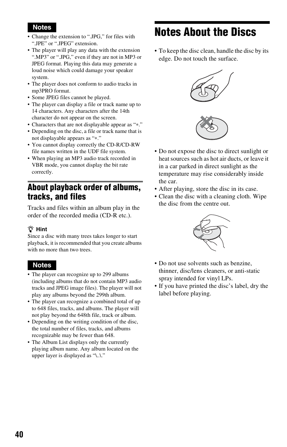 Notes about the discs, About playback order of albums, tracks, and files | Sony DVP-FX820 User Manual | Page 40 / 60