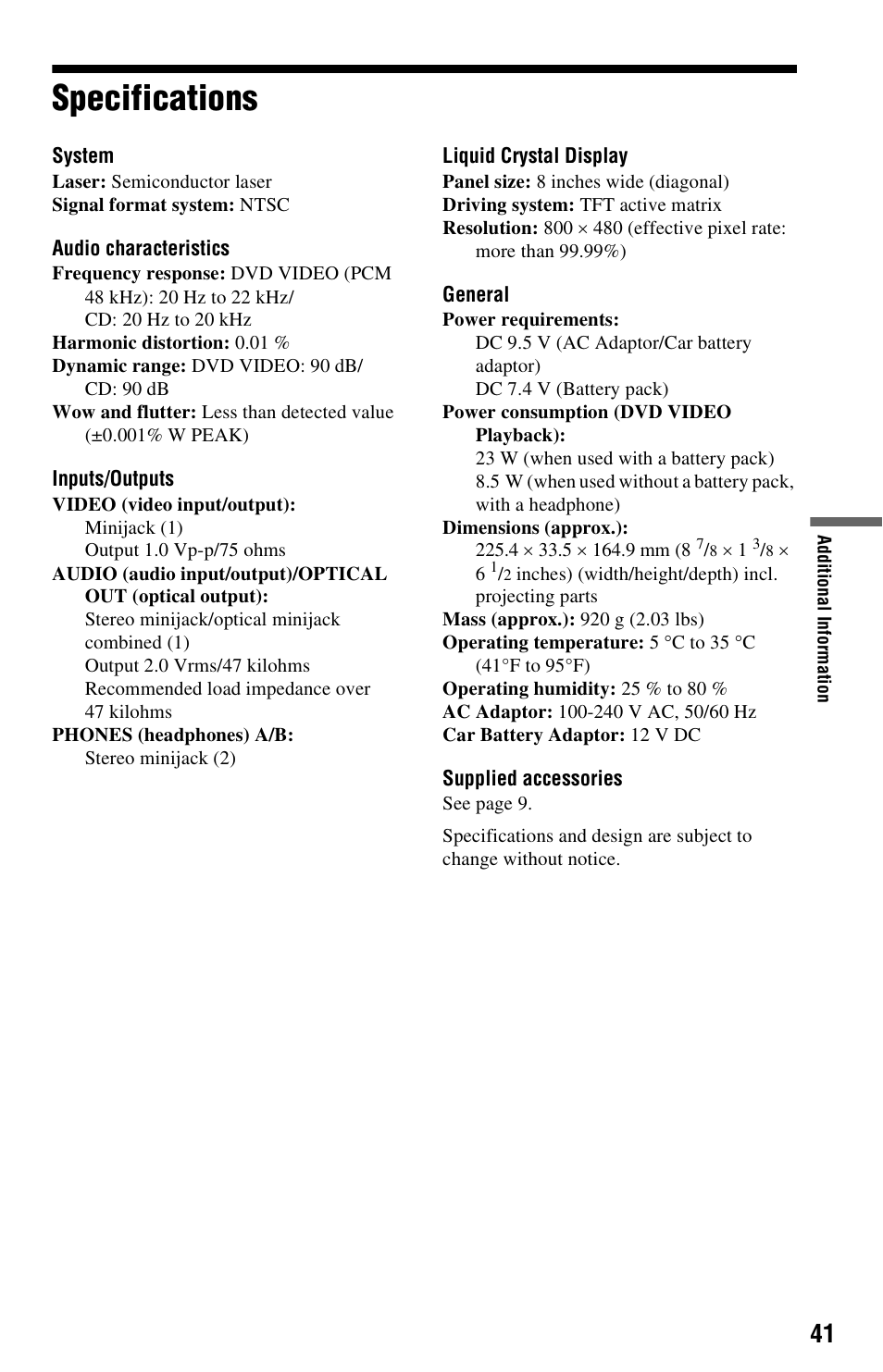 Specifications | Sony DVP-FX820 User Manual | Page 41 / 60