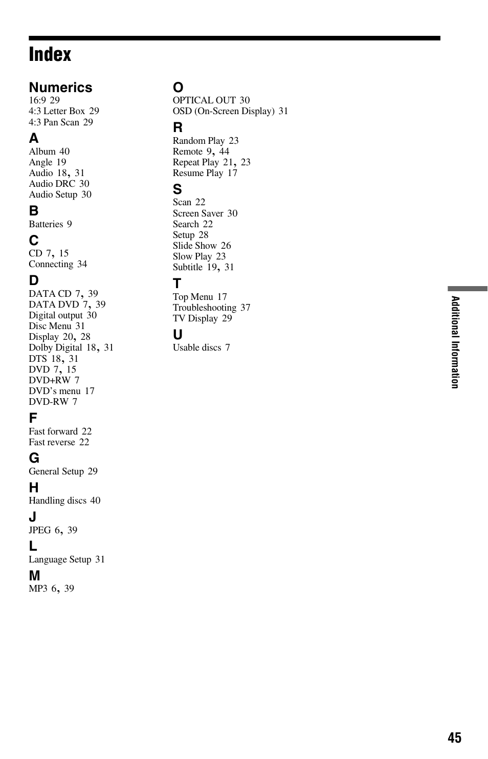 Index, Numerics | Sony DVP-FX820 User Manual | Page 45 / 60