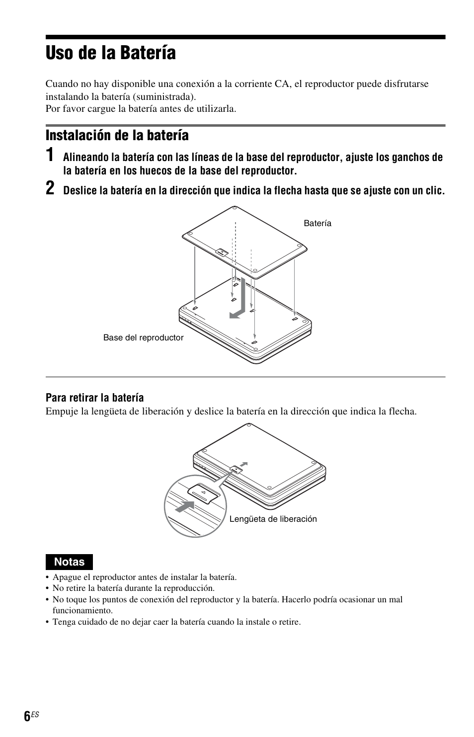 Uso de la batería, Instalación de la batería | Sony DVP-FX820 User Manual | Page 50 / 60