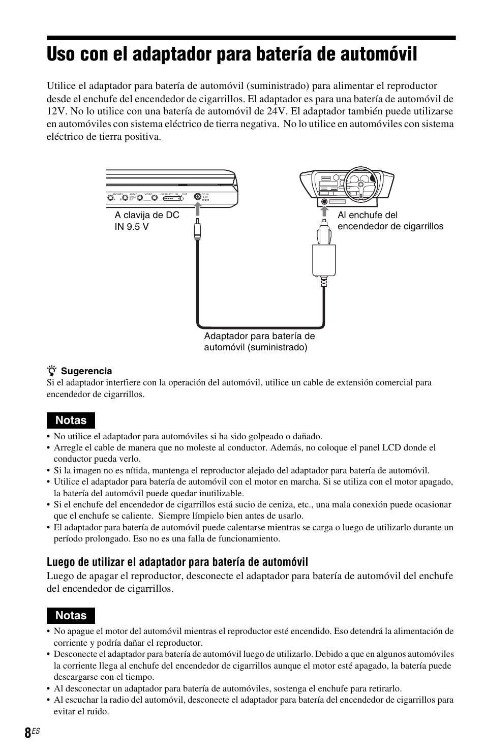 Uso con el adaptador para batería de automóvil, Notas | Sony DVP-FX820 User Manual | Page 52 / 60