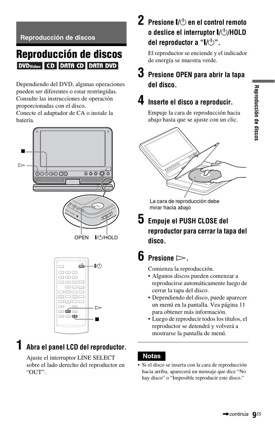 Reproducción de discos, Abra el panel lcd del reproductor, Presione open para abrir la tapa del disco | Inserte el disco a reproducir, Presione h, Notas | Sony DVP-FX820 User Manual | Page 53 / 60