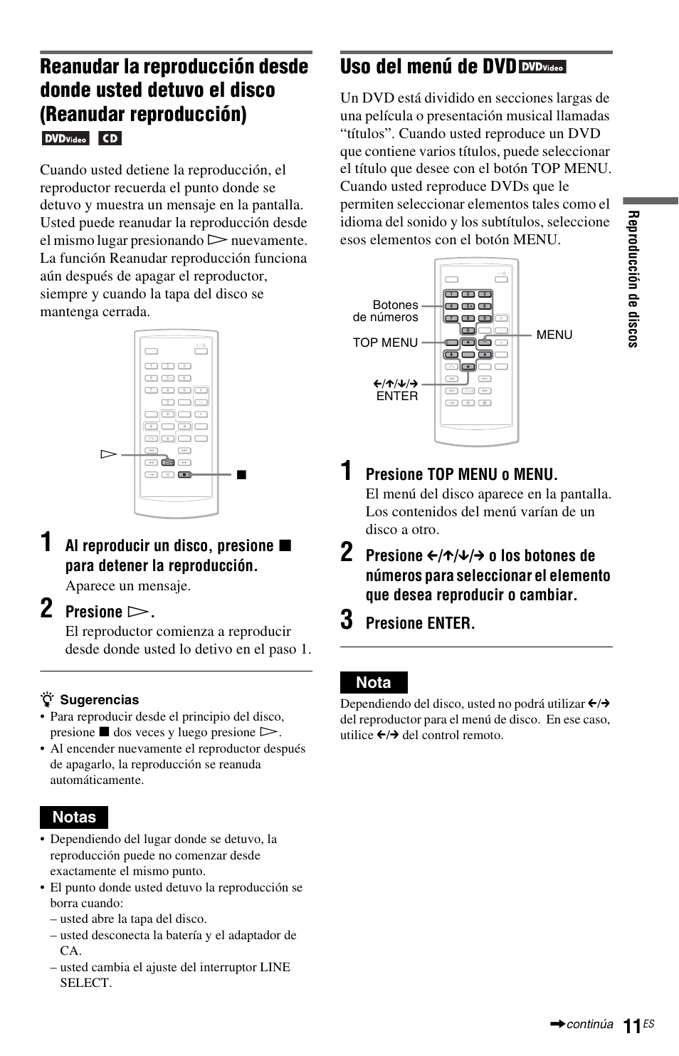 Uso del menú de dvd, Presione h, Notas | Presione top menu o menu, Presione enter. nota | Sony DVP-FX820 User Manual | Page 55 / 60